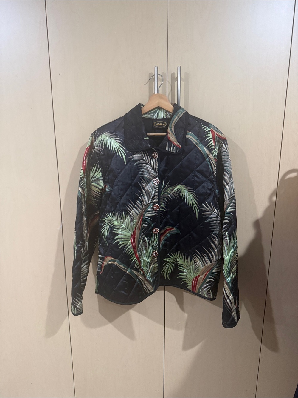 Allure Quilted Bomber Jacket - Black with Green & Red Leaf Print
